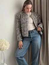 Silver Sequin Embellished Round Neck Short Coat
